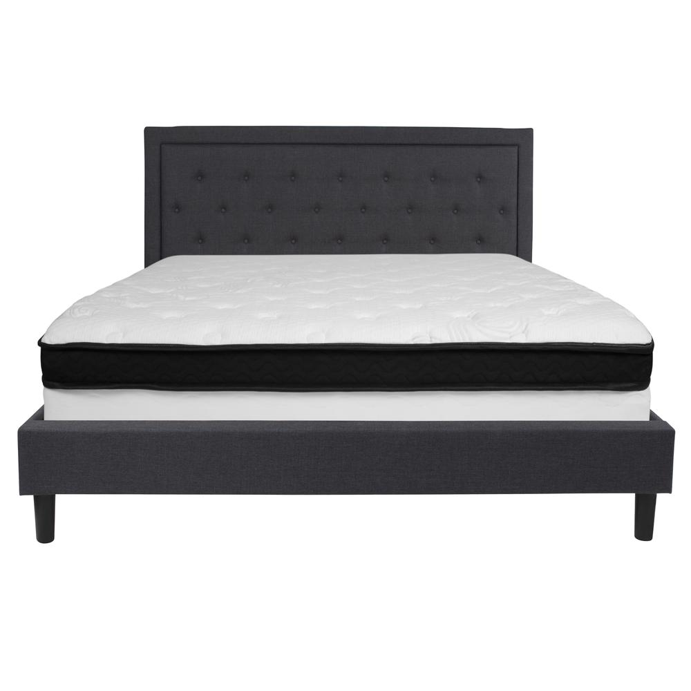 King Size Panel Tufted Upholstered Platform Bed in Dark Gray Fabric with Memory Foam Mattress. Picture 3