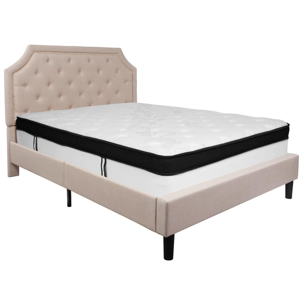 Queen Size Arched Tufted Upholstered Platform Bed in Beige Fabric with Memory Foam Mattress. Picture 1