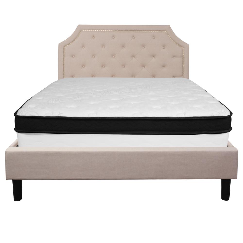 Queen Size Platform Bed in Beige Fabric with Memory Foam Mattress. Picture 3