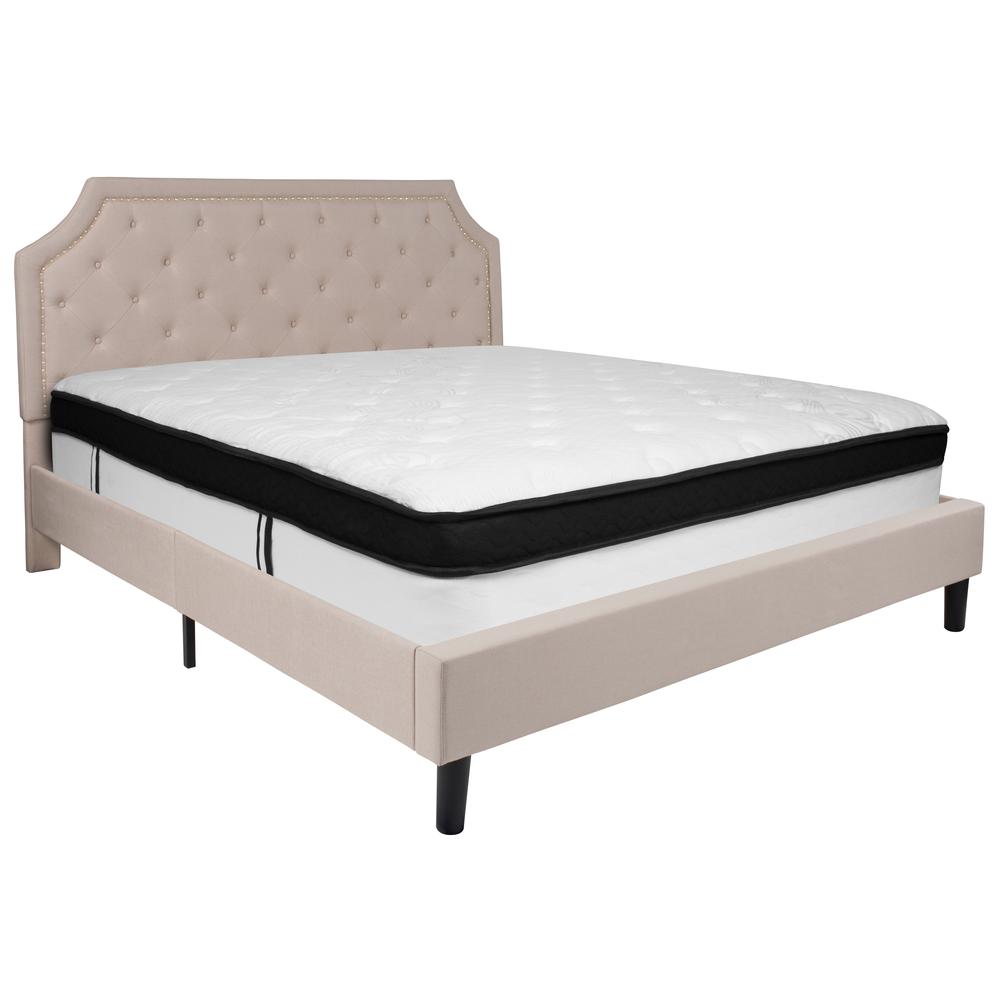 King Size Arched Tufted Upholstered Platform Bed in Beige Fabric with Memory Foam Mattress. Picture 1