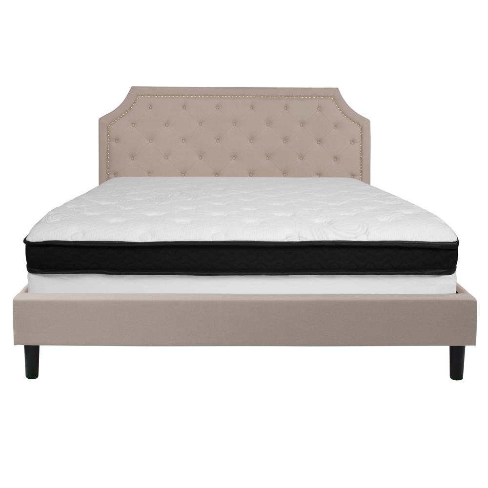 King Size Arched Tufted Upholstered Platform Bed in Beige Fabric with Memory Foam Mattress. Picture 3