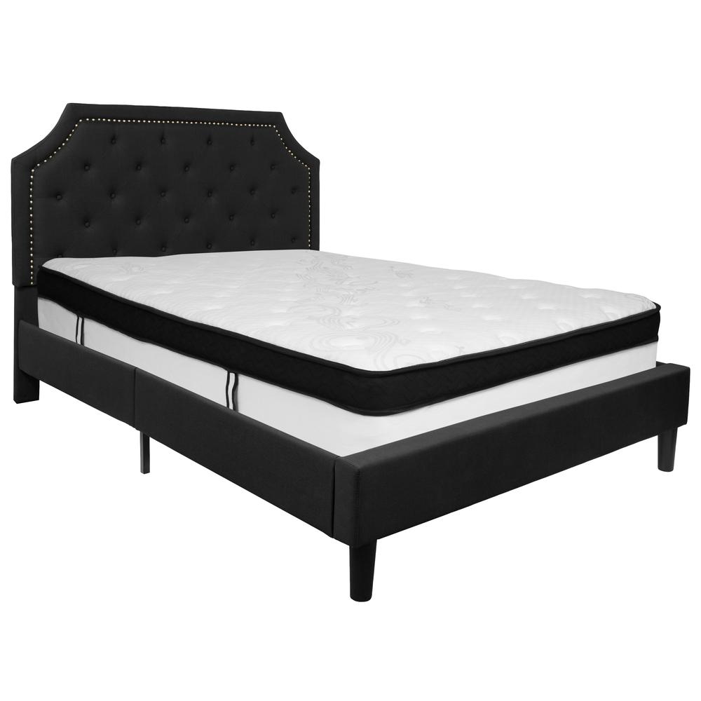 Queen Size Arched Tufted Upholstered Platform Bed in Black Fabric with Memory Foam Mattress. Picture 1