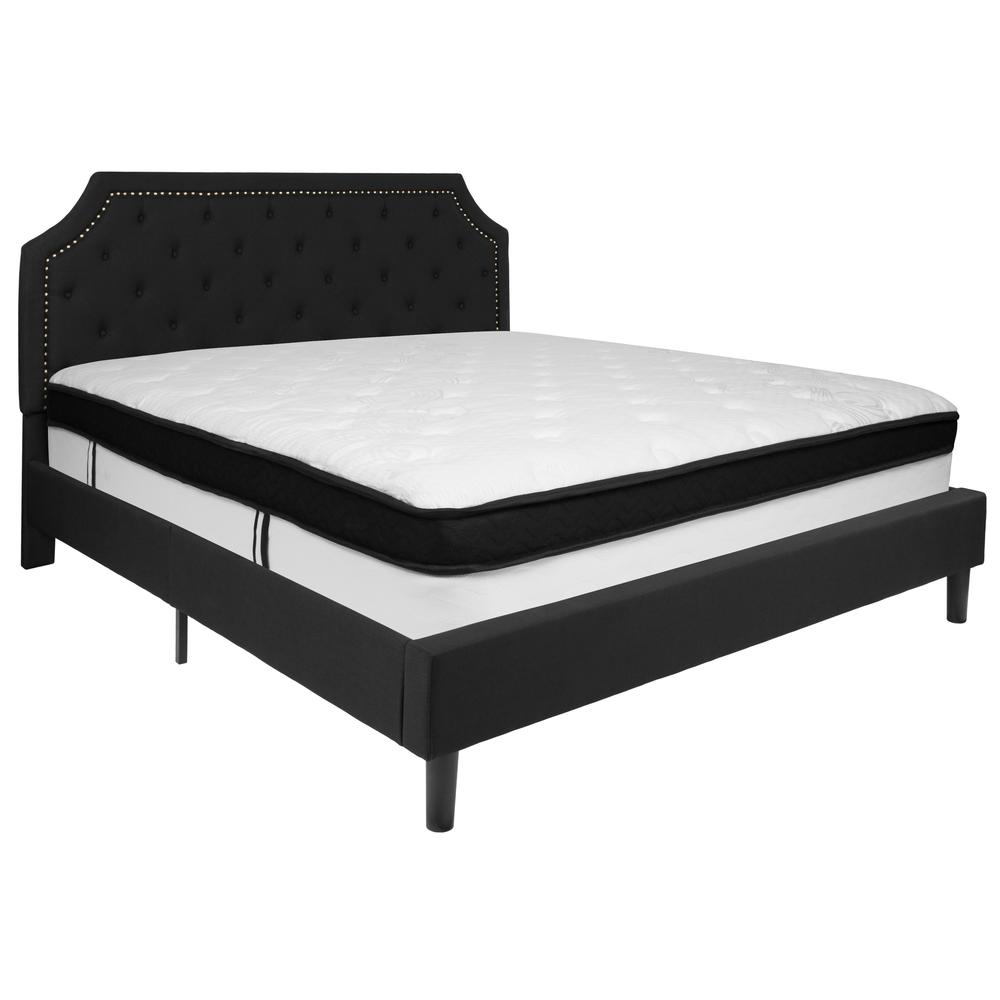 King Size Arched Tufted Upholstered Platform Bed in Black Fabric with Memory Foam Mattress. Picture 1