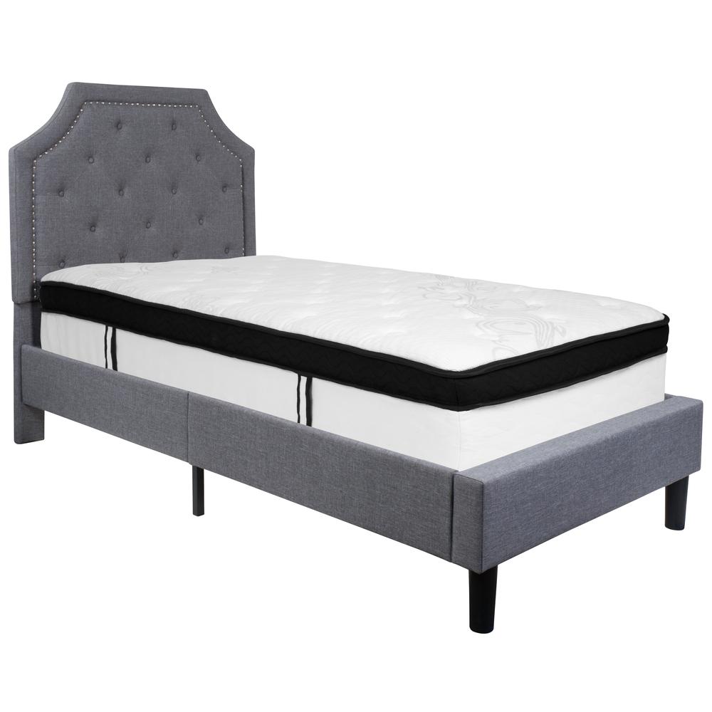 Twin Size Arched Tufted Upholstered Platform Bed in Light Gray Fabric with Memory Foam Mattress. Picture 1
