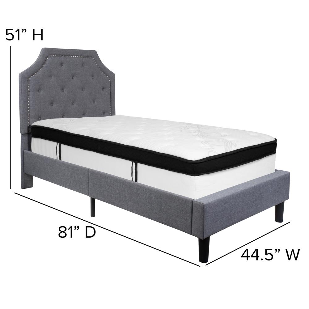 Twin Size Arched Tufted Upholstered Platform Bed in Light Gray Fabric with Memory Foam Mattress. Picture 2