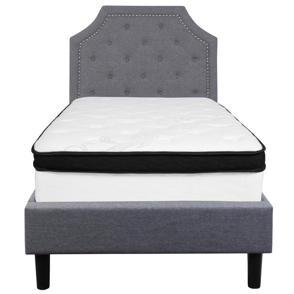 Twin Size Arched Tufted Upholstered Platform Bed in Light Gray Fabric with Memory Foam Mattress. Picture 3