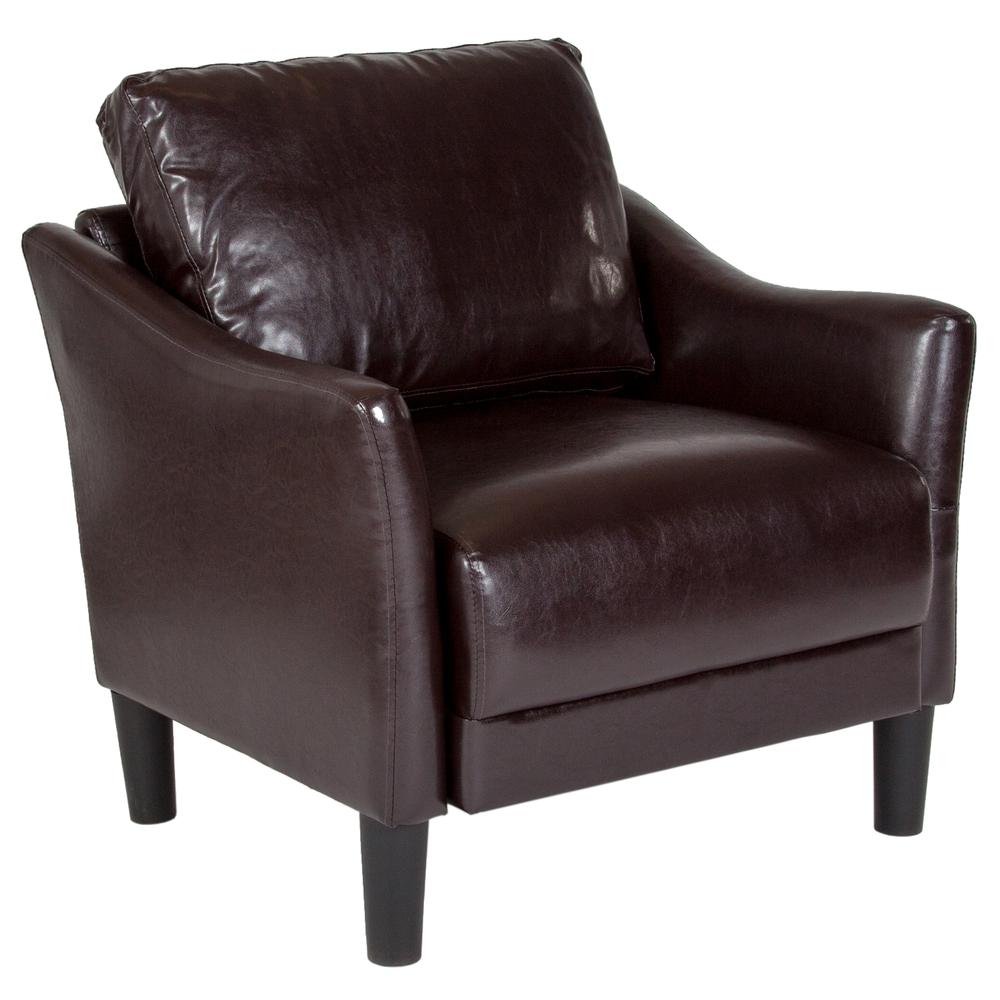 Upholstered Living Room Chair with Slanted Arms in Brown LeatherSoft. The main picture.