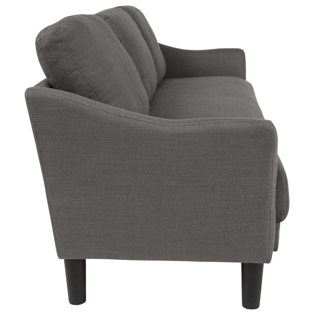 Upholstered Living Room Sofa with Single Cushion Seat and Slanted Arms in Dark Gray Fabric. Picture 3
