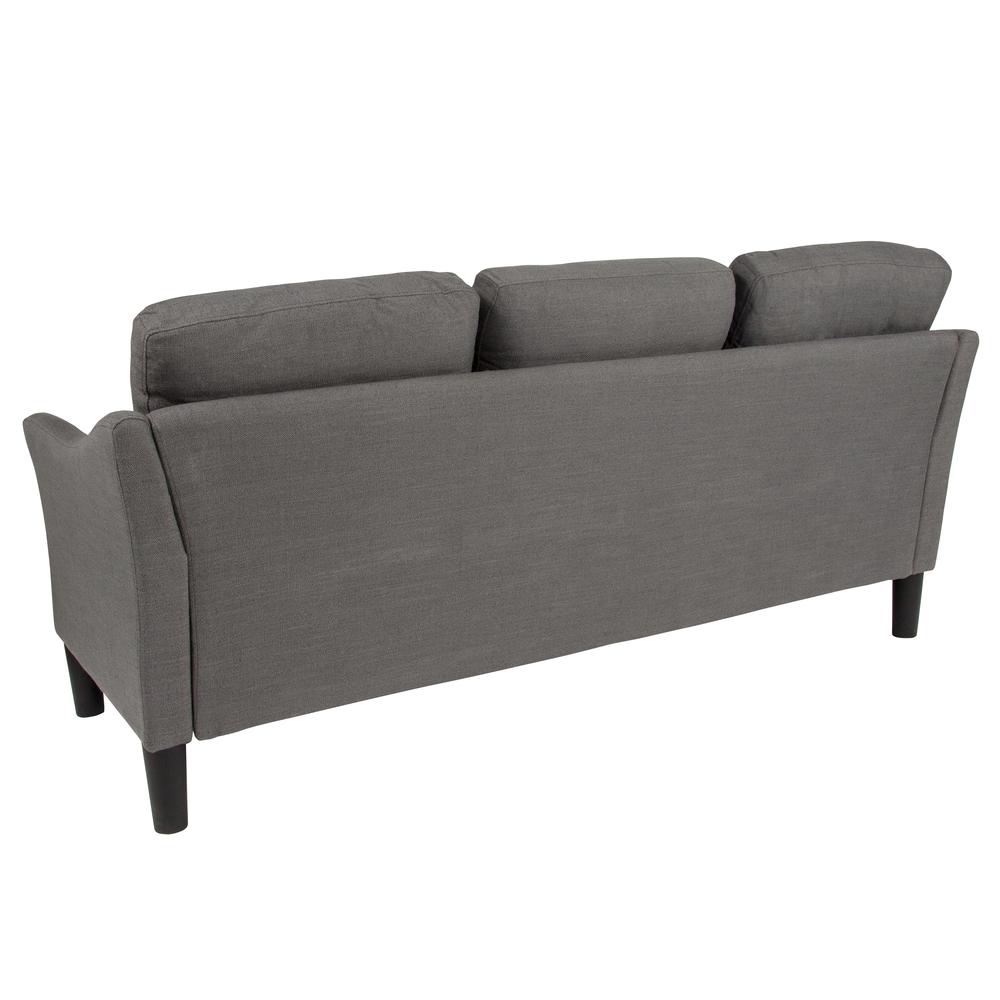 Upholstered Living Room Sofa with Single Cushion Seat and Slanted Arms in Dark Gray Fabric. Picture 4