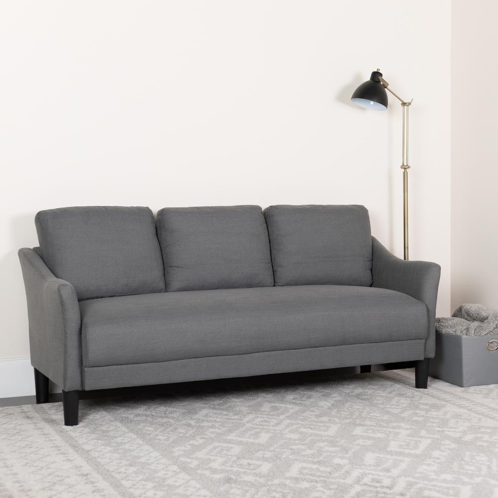 Upholstered Living Room Sofa with Single Cushion Seat and Slanted Arms in Dark Gray Fabric. Picture 7