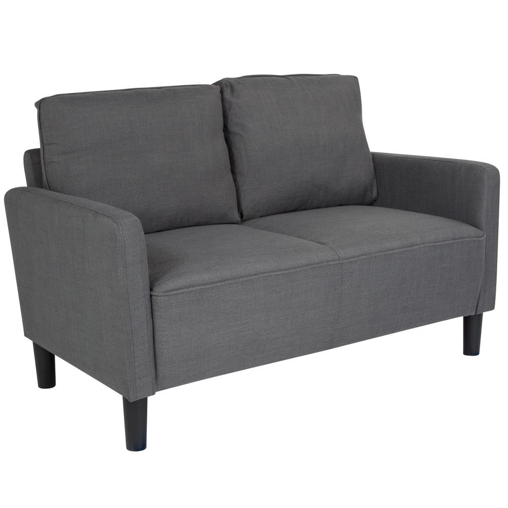 Upholstered Living Room Loveseat with Straight Arms in Dark Gray Fabric. Picture 1