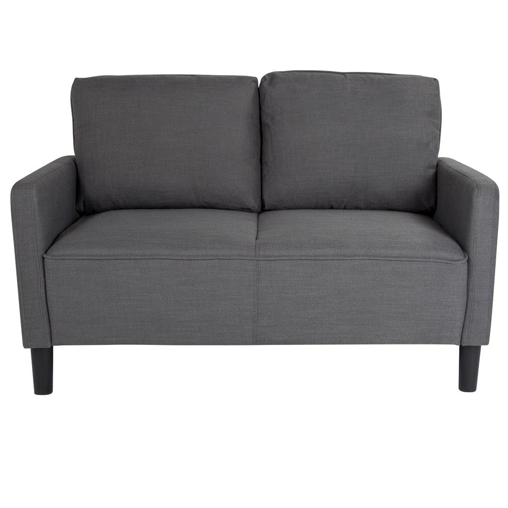 Upholstered Living Room Loveseat with Straight Arms in Dark Gray Fabric. Picture 4