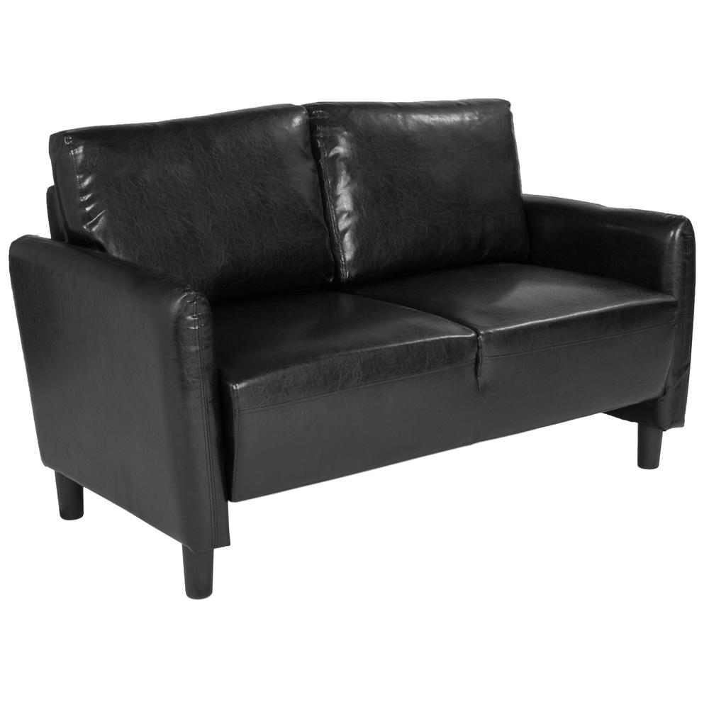 Upholstered Living Room Loveseat with Extended Side Panels and Rounded Arms in Black LeatherSoft. Picture 1