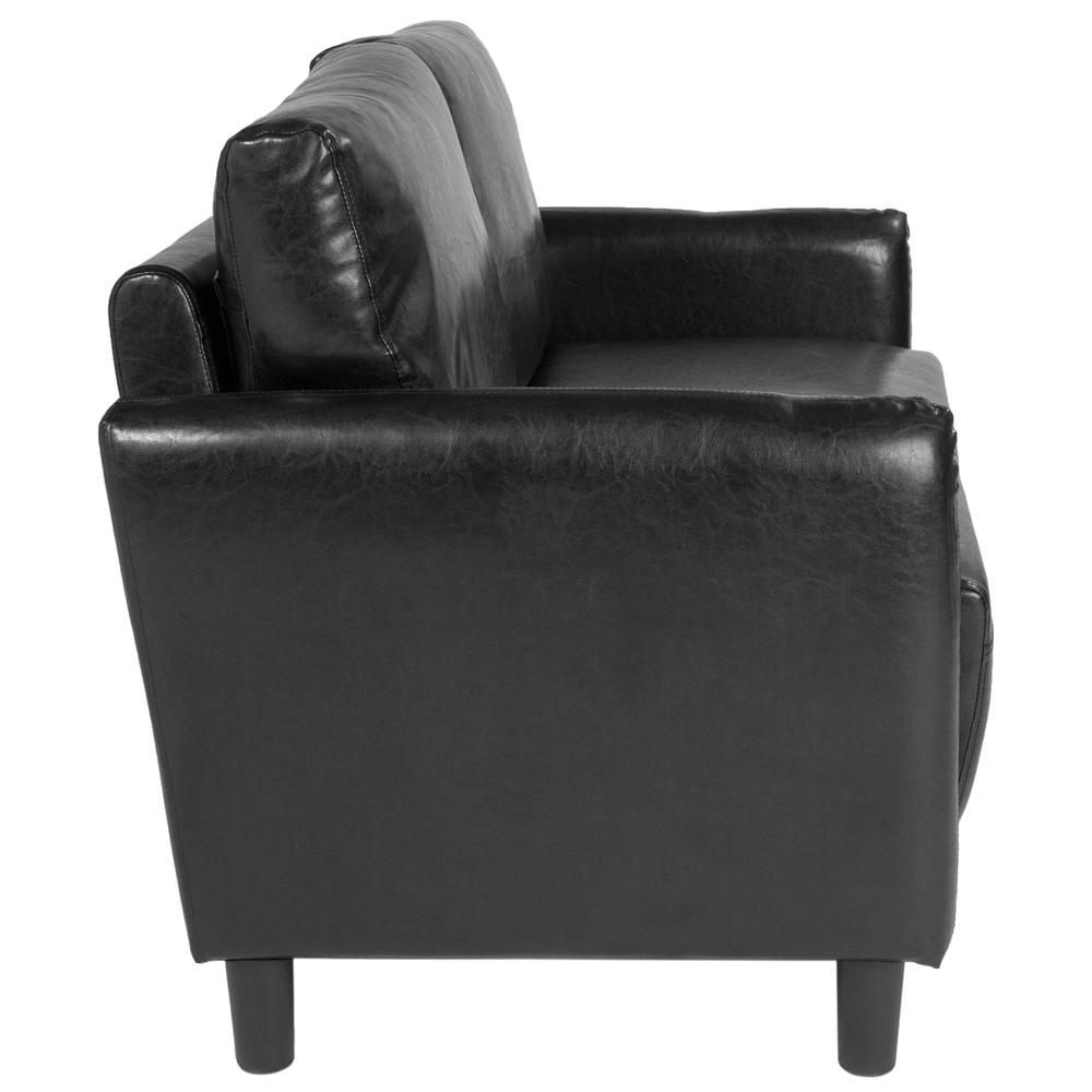 Upholstered Living Room Loveseat with Extended Side Panels and Rounded Arms in Black LeatherSoft. Picture 2