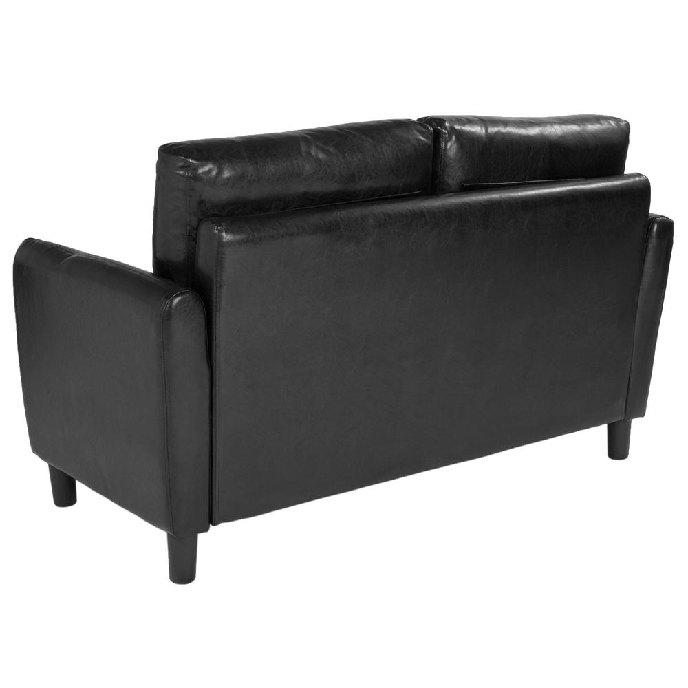 Upholstered Living Room Loveseat with Extended Side Panels and Rounded Arms in Black LeatherSoft. Picture 3