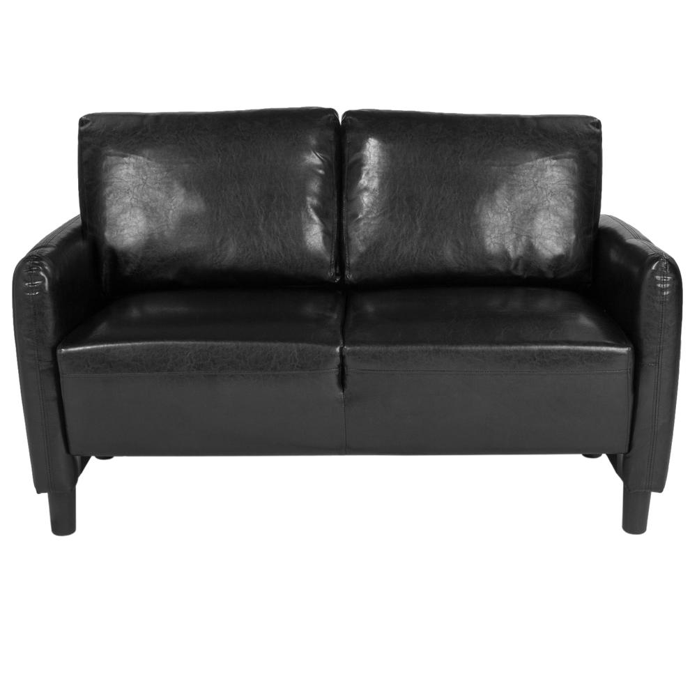 Upholstered Living Room Loveseat with Extended Side Panels and Rounded Arms in Black LeatherSoft. Picture 4