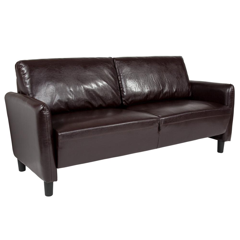 Upholstered Living Room Sofa with Extended Side Panels and Rounded Arms in Brown LeatherSoft. Picture 1