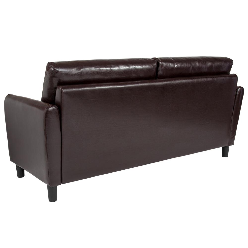 Upholstered Living Room Sofa with Extended Side Panels and Rounded Arms in Brown LeatherSoft. Picture 3