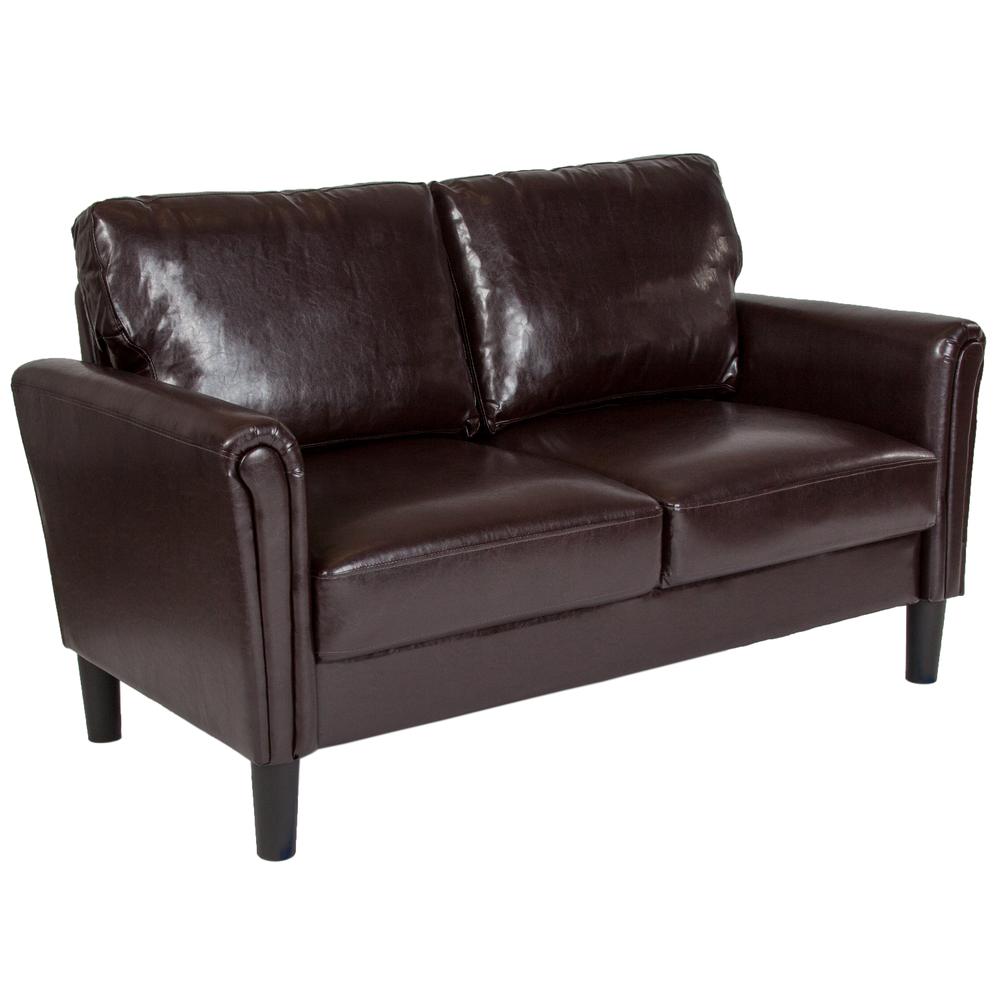 Upholstered Living Room Loveseat with Tailored Arms in Brown LeatherSoft. Picture 1