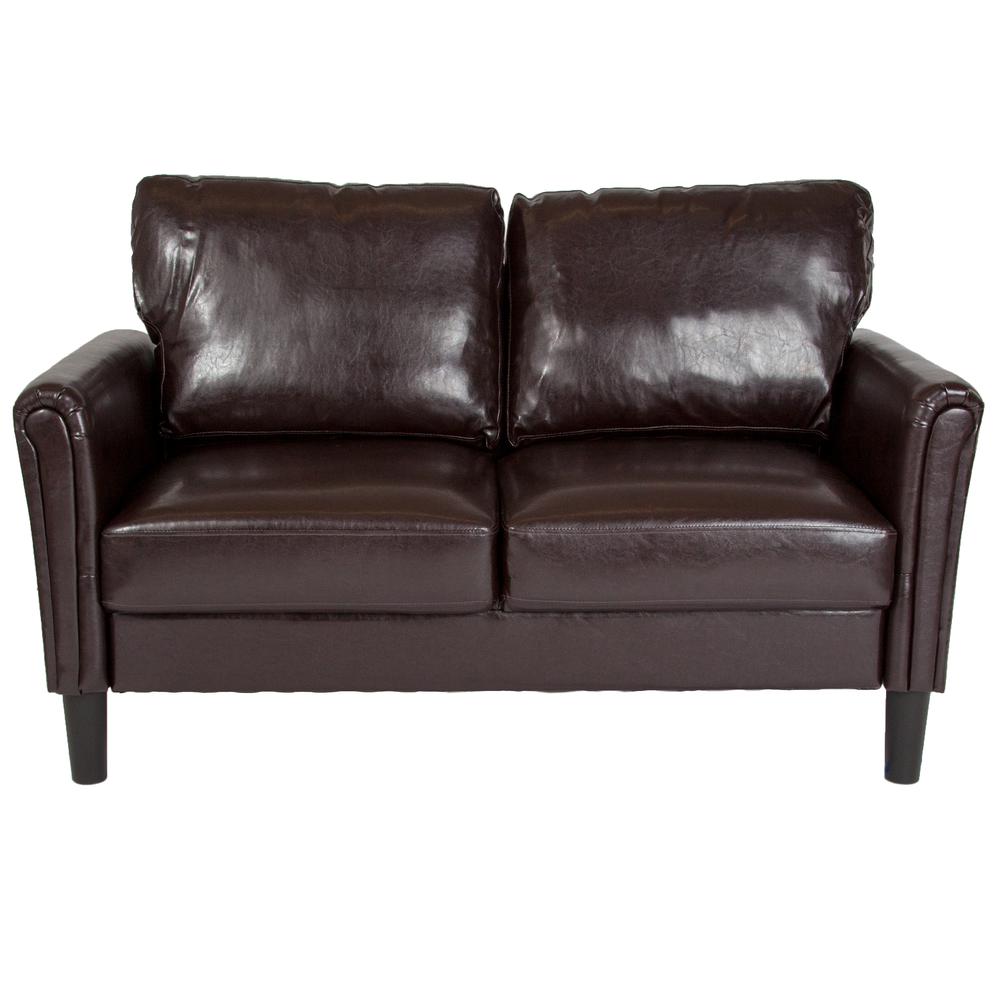 Upholstered Living Room Loveseat with Tailored Arms in Brown LeatherSoft. Picture 4