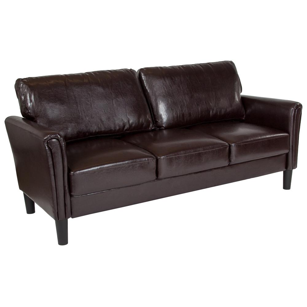 Upholstered Living Room Sofa with Tailored Arms in Brown LeatherSoft. Picture 1