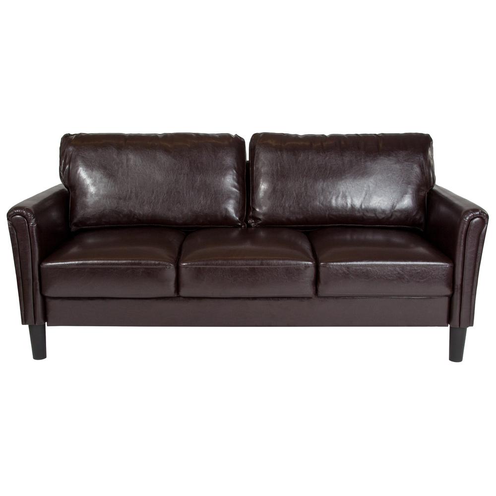Upholstered Living Room Sofa with Tailored Arms in Brown LeatherSoft. Picture 4