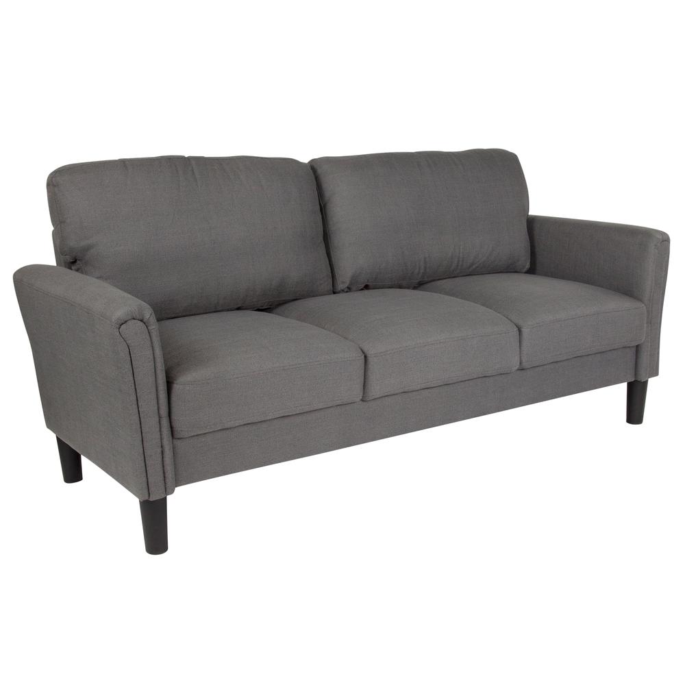 Upholstered Living Room Sofa with Tailored Arms in Dark Gray Fabric. Picture 1
