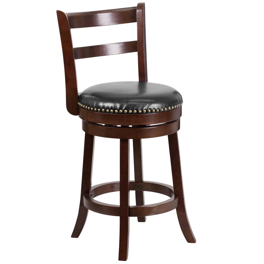 26'' High Cappuccino Wood Counter Height Stool with Single Slat Ladder Back and Black LeatherSoft Swivel Seat. Picture 1