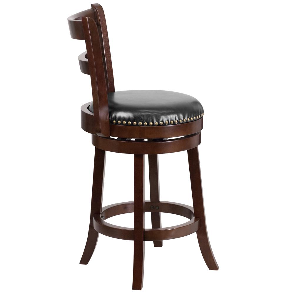 26'' High Cappuccino Wood Counter Height Stool with Single Slat Ladder Back and Black LeatherSoft Swivel Seat. Picture 2