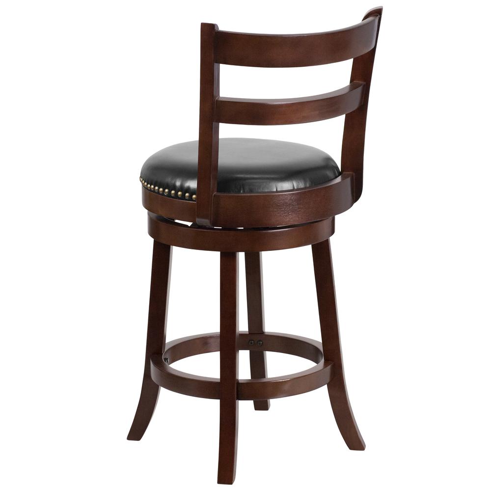 26'' High Cappuccino Wood Counter Height Stool with Single Slat Ladder Back and Black LeatherSoft Swivel Seat. Picture 3