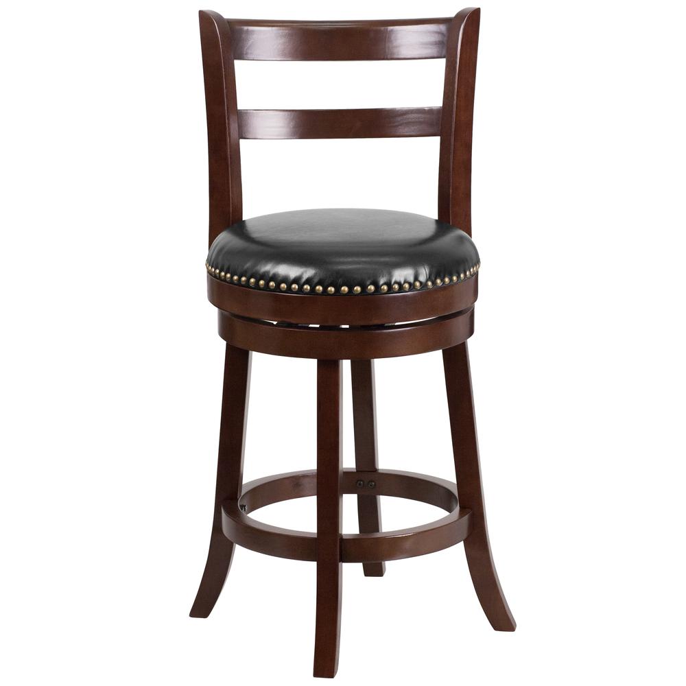 26'' High Cappuccino Wood Counter Height Stool with Single Slat Ladder Back and Black LeatherSoft Swivel Seat. Picture 4