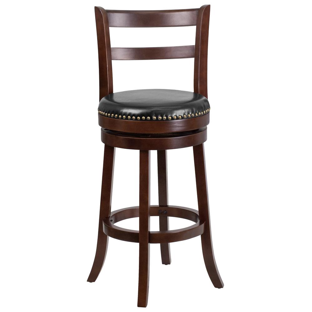 30'' High Cappuccino Wood Barstool with Single Slat Ladder Back and Black LeatherSoft Swivel Seat. Picture 4