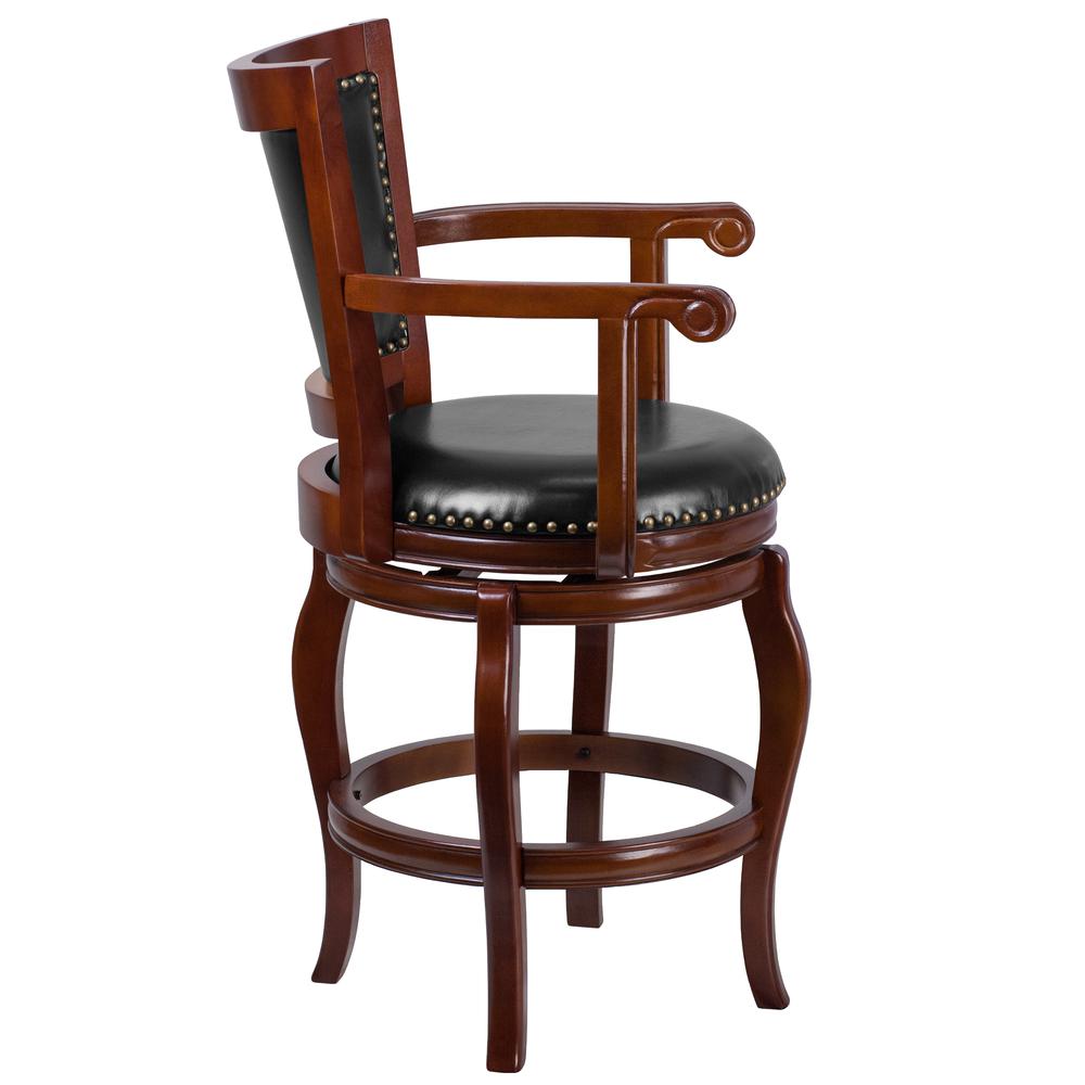 26'' High Cherry Wood Counter Height Stool with Arms, Panel Back and Black LeatherSoft Swivel Seat. Picture 2