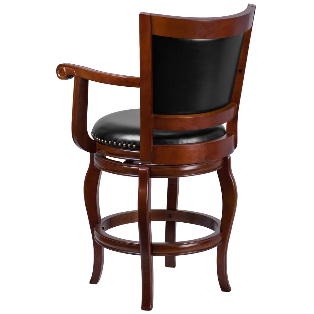 26'' High Cherry Wood Counter Height Stool with Arms, Panel Back and Black LeatherSoft Swivel Seat. Picture 3