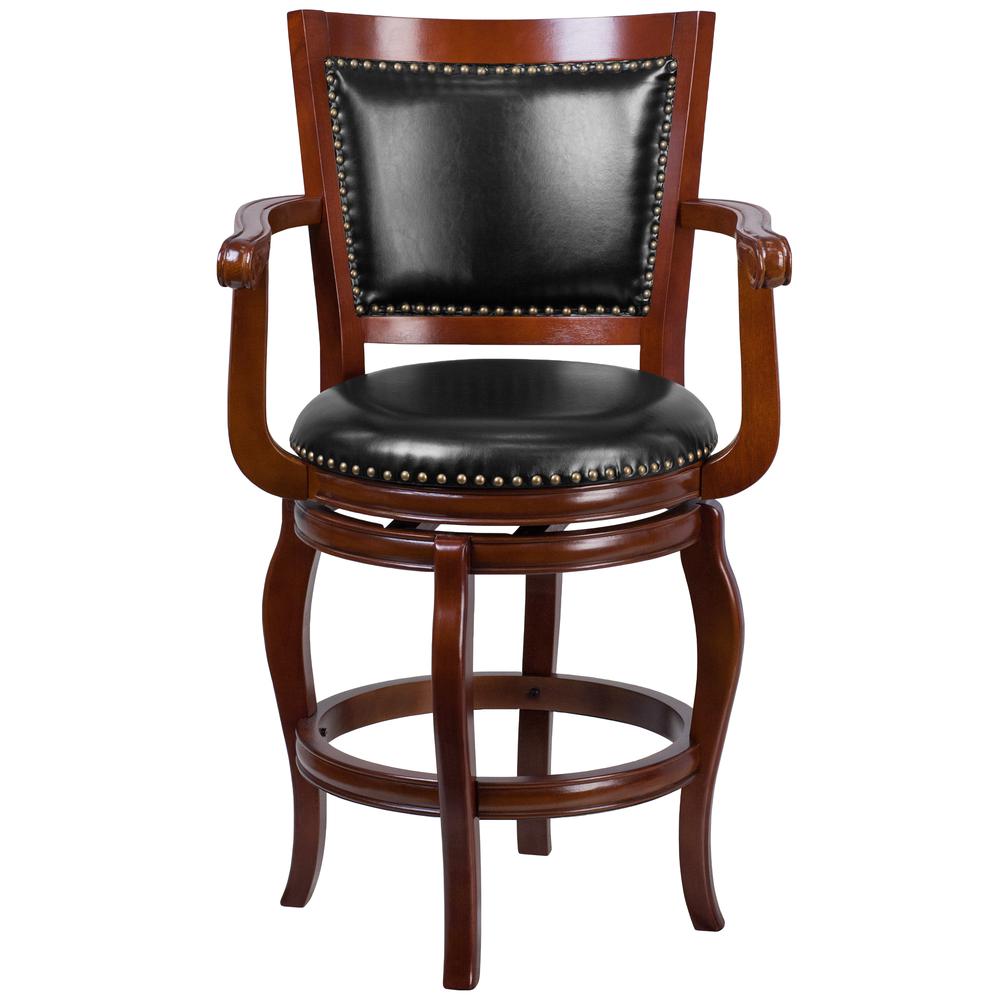 26'' High Cherry Wood Counter Height Stool with Arms, Panel Back and Black LeatherSoft Swivel Seat. Picture 4