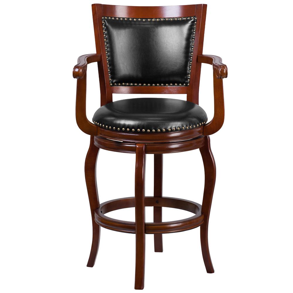 30'' High Cherry Wood Barstool with Arms, Panel Back and Black LeatherSoft Swivel Seat. Picture 4