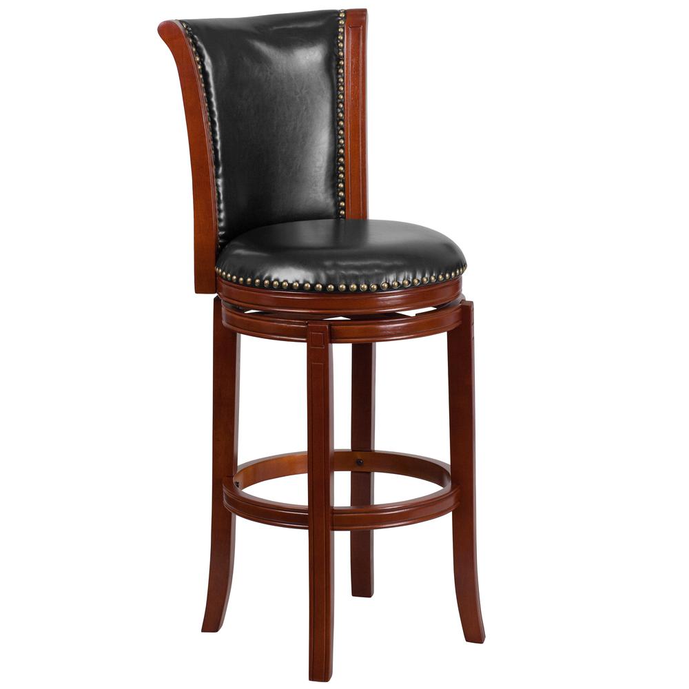 30'' High Dark Chestnut Wood Barstool with Panel Back and Black LeatherSoft Swivel Seat. Picture 1