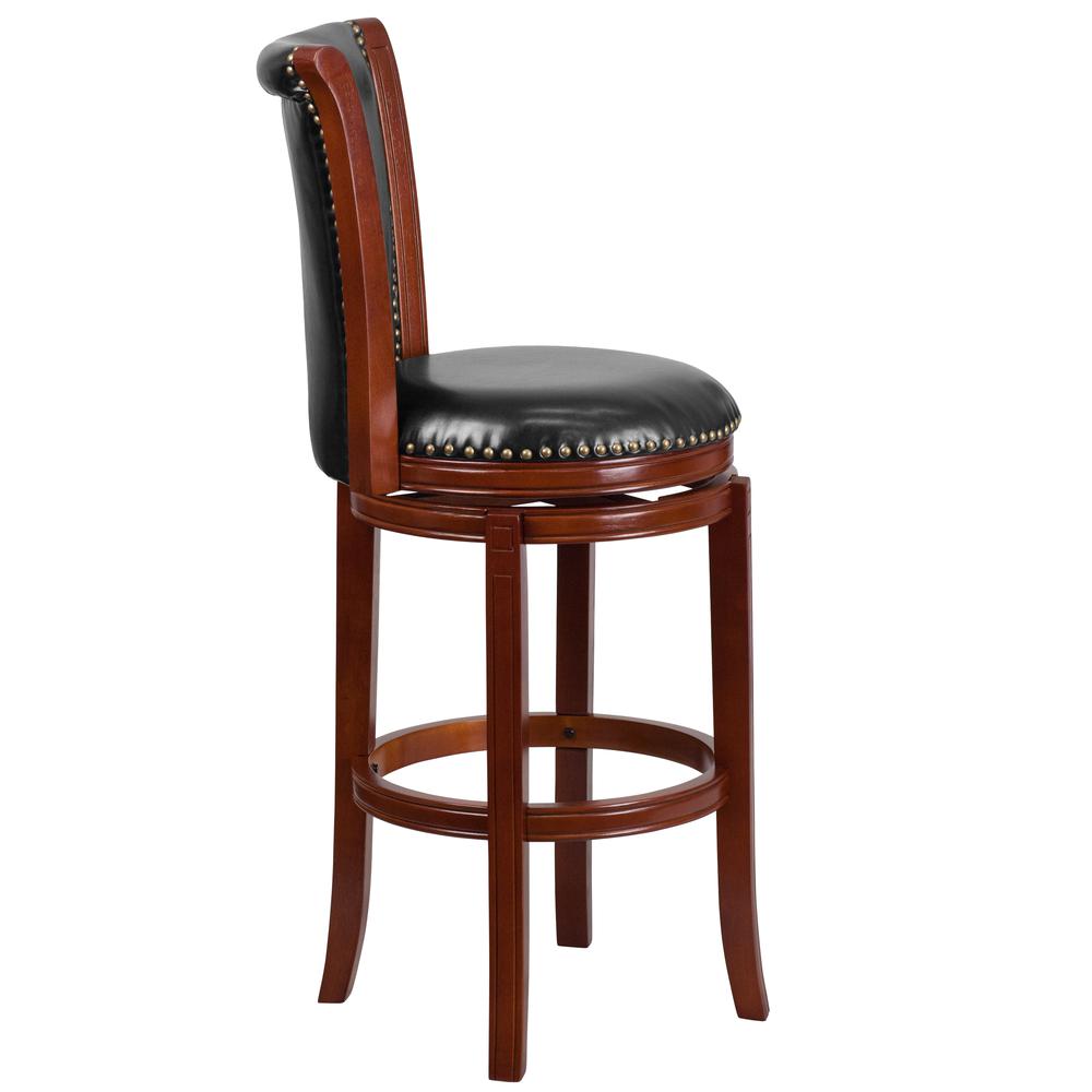 30'' High Dark Chestnut Wood Barstool with Panel Back and Black LeatherSoft Swivel Seat. Picture 2