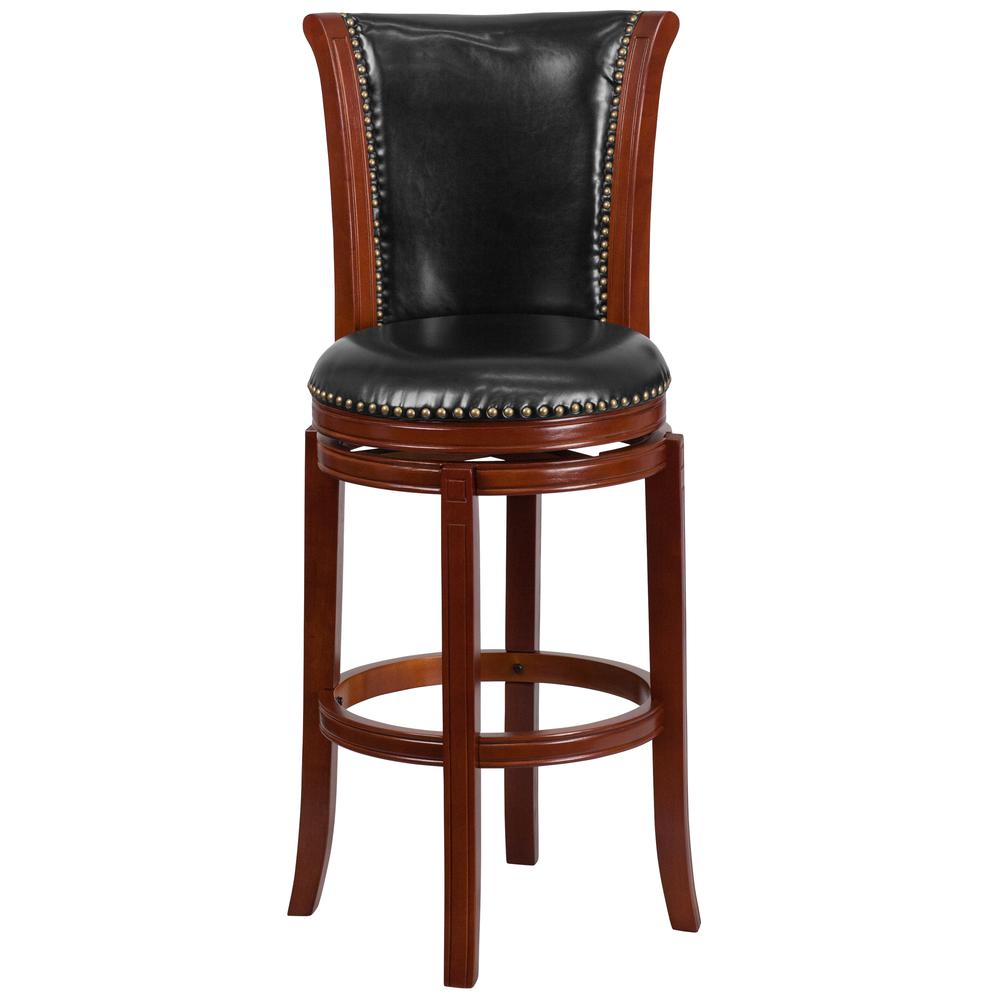 30'' High Dark Chestnut Wood Barstool with Panel Back and Black LeatherSoft Swivel Seat. Picture 4
