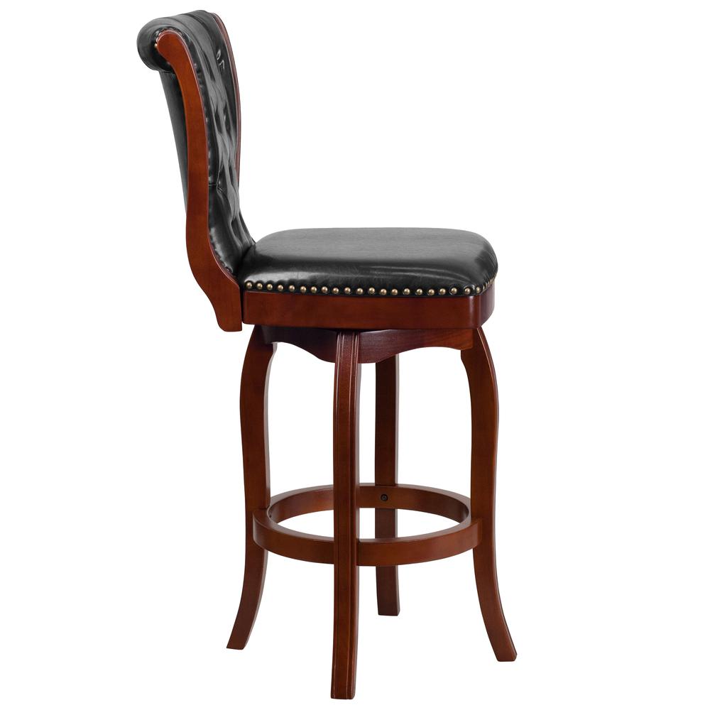 30'' High Cherry Wood Barstool with Button Tufted Back and Black LeatherSoft Swivel Seat. Picture 2