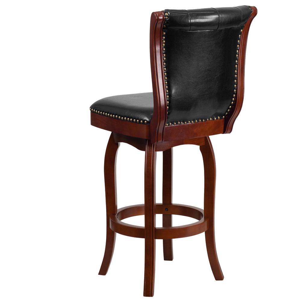30'' High Cherry Wood Barstool with Button Tufted Back and Black LeatherSoft Swivel Seat. Picture 3