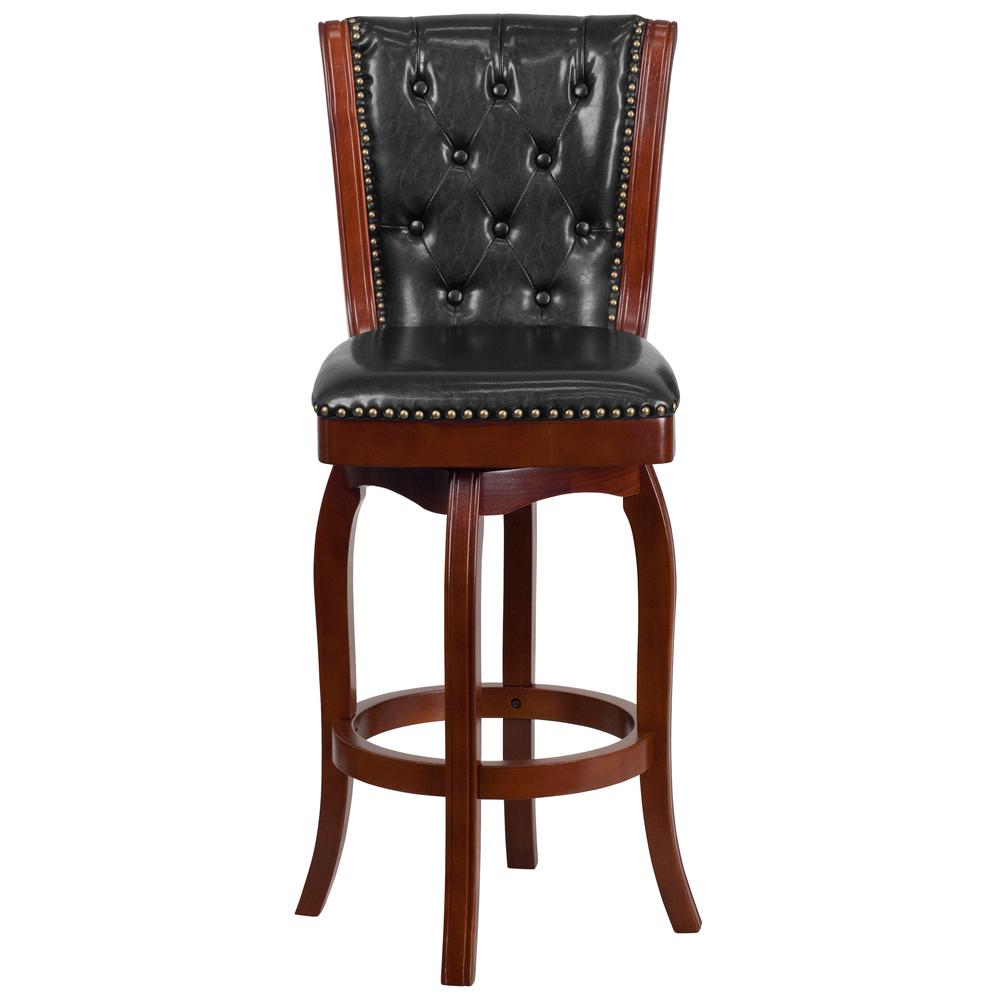 30'' High Cherry Wood Barstool with Button Tufted Back and Black LeatherSoft Swivel Seat. Picture 4
