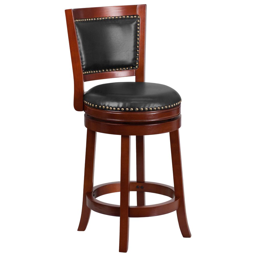 26'' High Dark Cherry Wood Counter Height Stool with Open Panel Back and Walnut LeatherSoft Swivel Seat. Picture 1