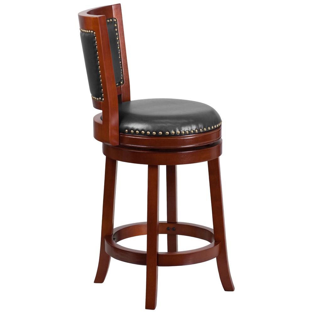 26'' High Dark Cherry Wood Counter Height Stool with Open Panel Back and Walnut LeatherSoft Swivel Seat. Picture 2