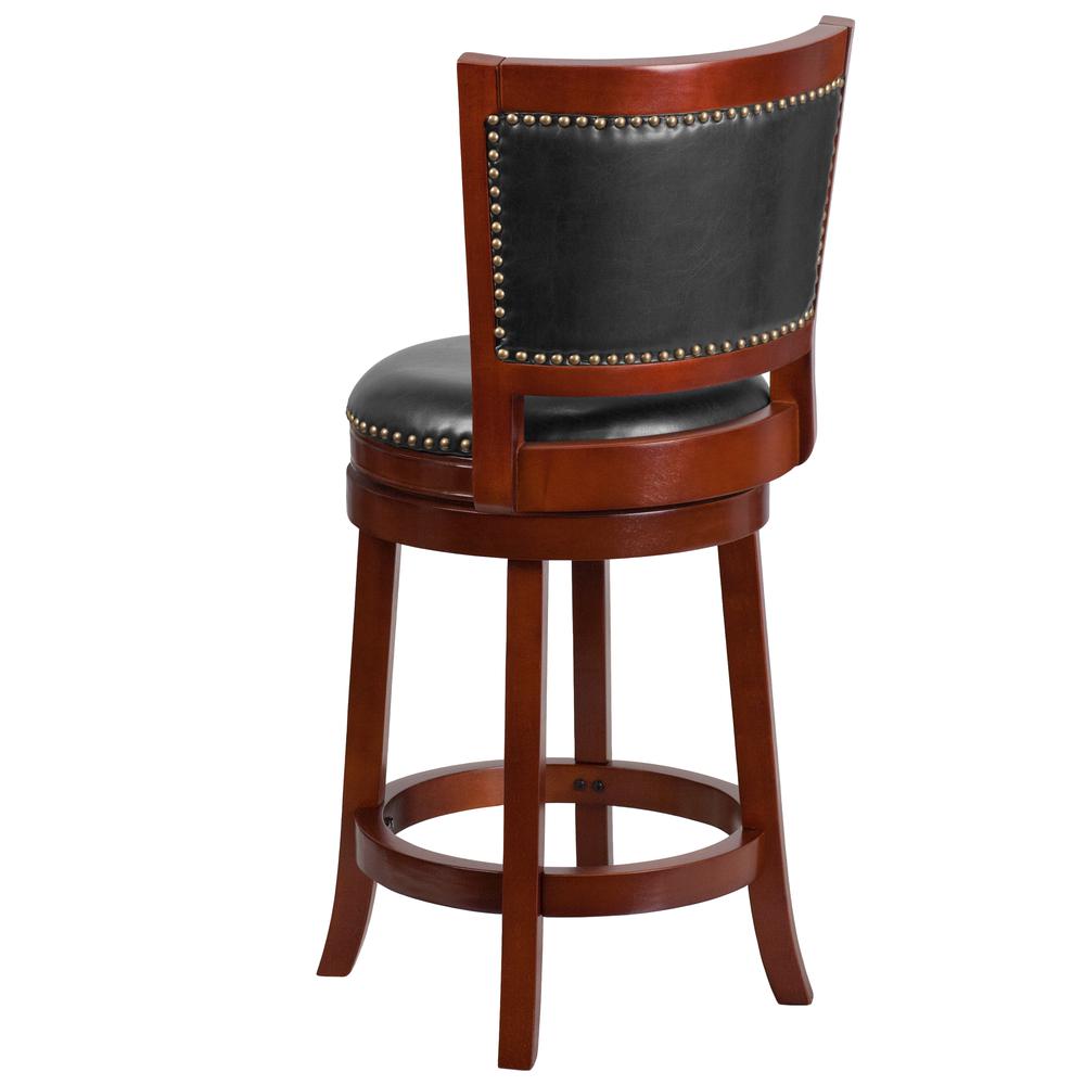 26'' High Dark Cherry Wood Counter Height Stool with Open Panel Back and Walnut LeatherSoft Swivel Seat. Picture 3