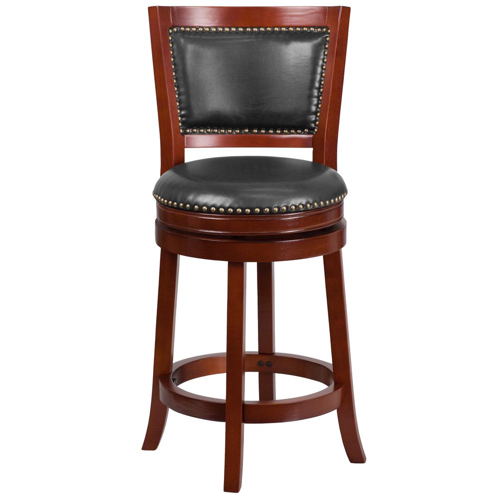26'' High Dark Cherry Wood Counter Height Stool with Open Panel Back and Walnut LeatherSoft Swivel Seat. Picture 4