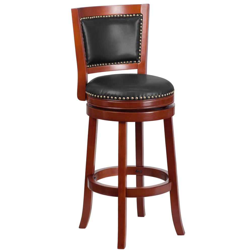 30'' High Dark Cherry Wood Barstool with Open Panel Back and Walnut LeatherSoft Swivel Seat. Picture 1