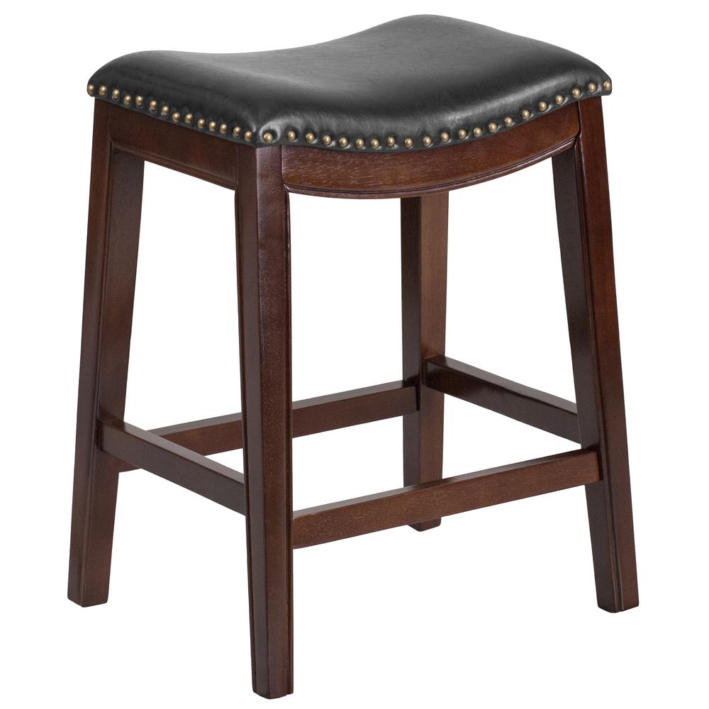 26'' High Backless Cappuccino Wood Counter Height Stool with Black LeatherSoft Saddle Seat. Picture 1