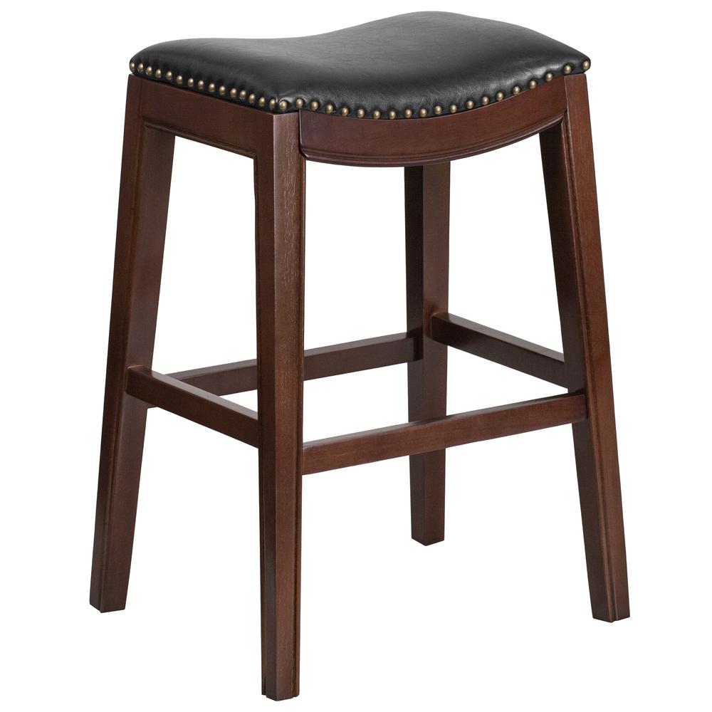 30'' High Backless Cappuccino Wood Barstool with Black LeatherSoft Saddle Seat. Picture 1