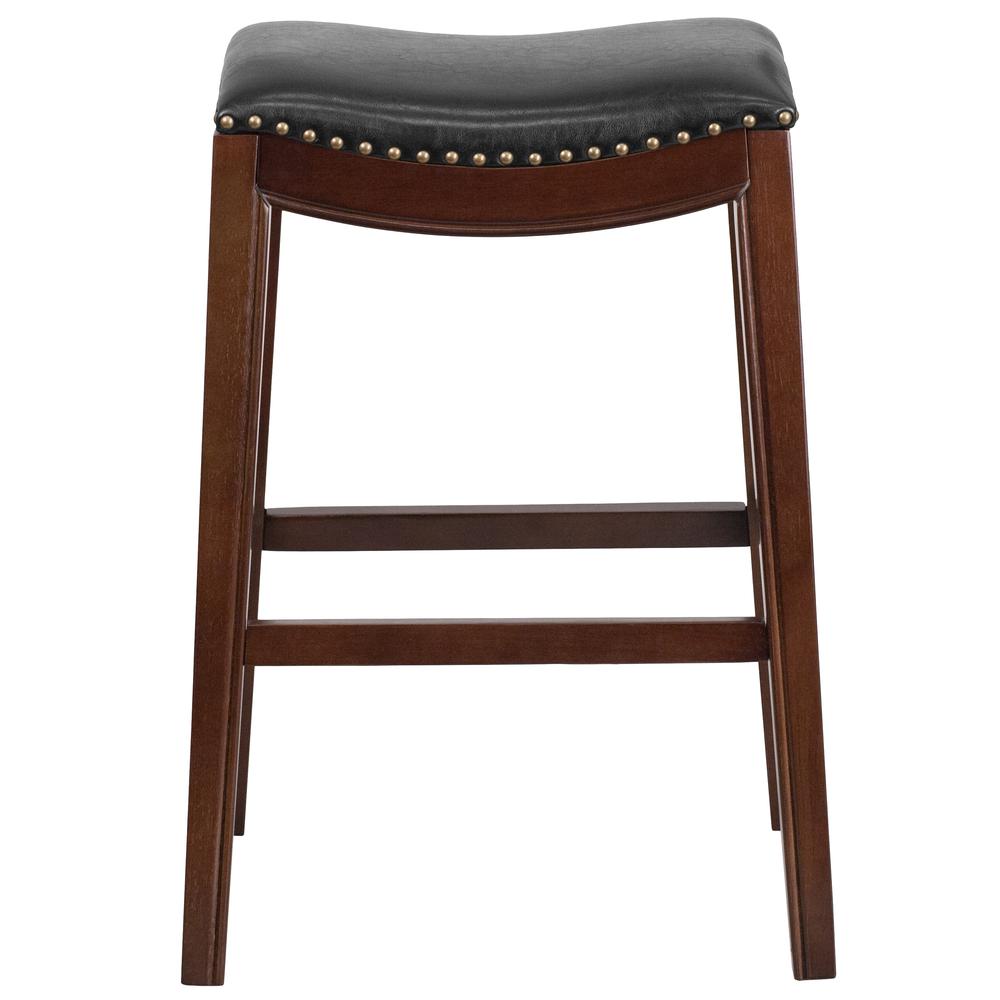 30'' High Backless Cappuccino Wood Barstool with Black LeatherSoft Saddle Seat. Picture 3